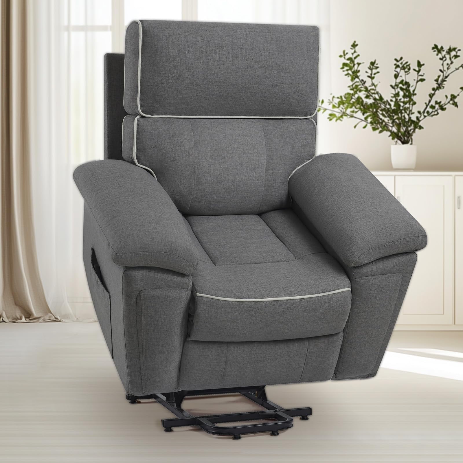 Merluxy Large Power Lift Recliner Chair for Elderly, Electric Overstuffed Reclining with Padded Armrests \u0026 Backrest for Adult,Big Man Single Sofa with Side Pockets for Living Room Bedroom,Linen Gray